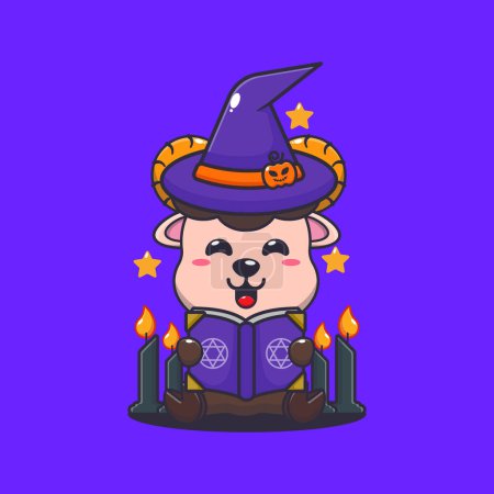 Illustration for Witch ram sheep reading spell book. Cute halloween cartoon illustration. - Royalty Free Image