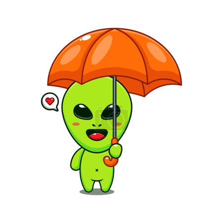 Téléchargez les illustrations : Mignon alien tenant parapluie dessin animé vecteur illustration. - en licence libre de droit