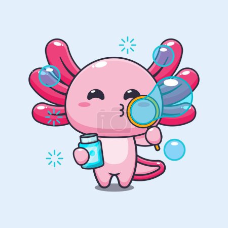 Téléchargez les illustrations : Illustration vectorielle de dessin animé axolotl soufflant des bulles. - en licence libre de droit