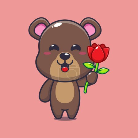 Illustration for Bear holding rose flower cartoon vector illustration. - Royalty Free Image
