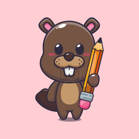 Illustration for Beaver holding pencil cartoon vector illustration. - Royalty Free Image