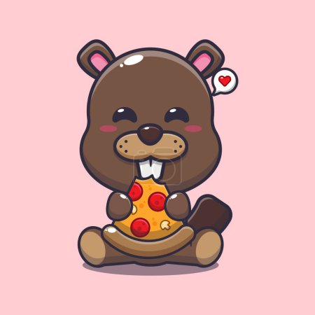 Illustration for Beaver eating pizza cartoon vector illustration. - Royalty Free Image