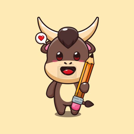 Illustration for Bull holding pencil cartoon vector illustration. - Royalty Free Image