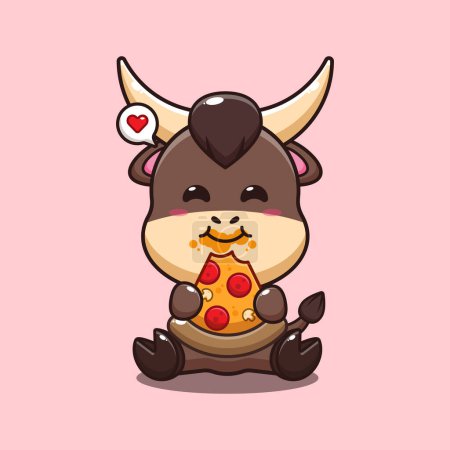Illustration for Bull eating pizza cartoon vector illustration. - Royalty Free Image