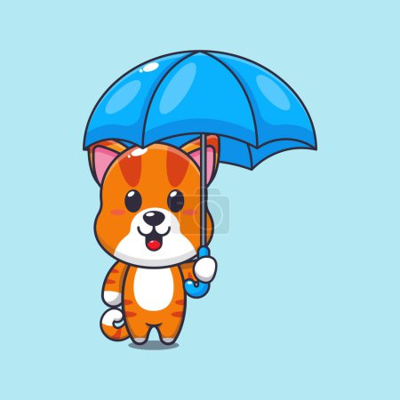 Téléchargez les illustrations : Chat tenant parapluie dessin animé vecteur illustration. - en licence libre de droit