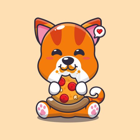 Téléchargez les illustrations : Chat manger pizza dessin animé vecteur illustration. - en licence libre de droit