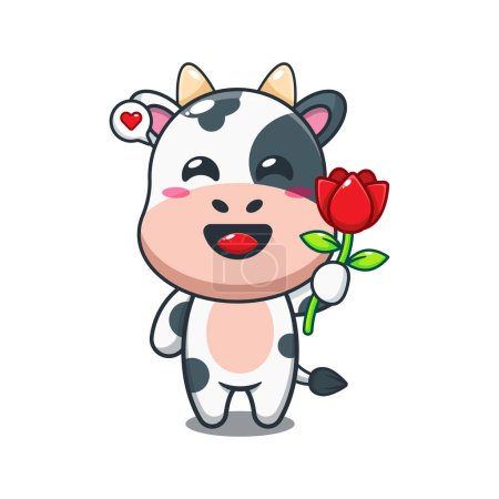 Ilustración de Vaca sosteniendo flor rosa ilustración vector de dibujos animados. - Imagen libre de derechos
