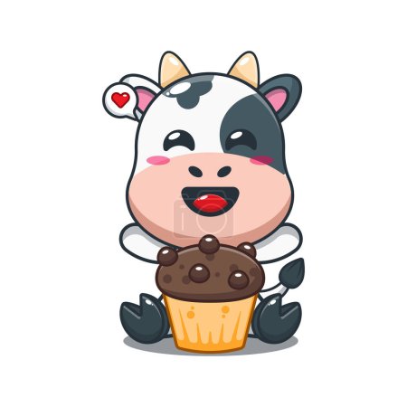 Téléchargez les illustrations : Vache avec tasse gâteau dessin animé vecteur illustration. - en licence libre de droit