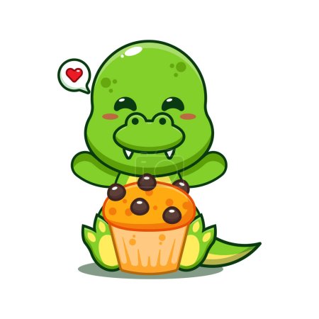 Illustration for Dino with cup cake cartoon vector illustration. - Royalty Free Image