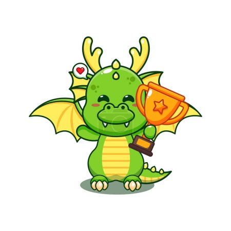 Téléchargez les illustrations : Dragon tenant trophée d'or tasse dessin animé vecteur illustration. - en licence libre de droit