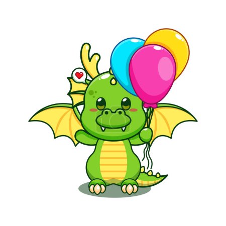 Téléchargez les illustrations : Dragon avec illustration vectorielle de dessin animé ballon. - en licence libre de droit