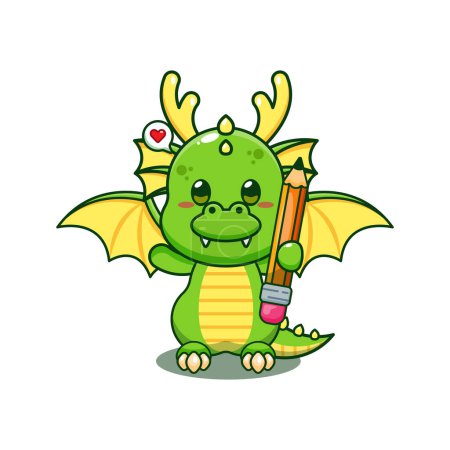 Illustration for Dragon holding pencil cartoon vector illustration. - Royalty Free Image