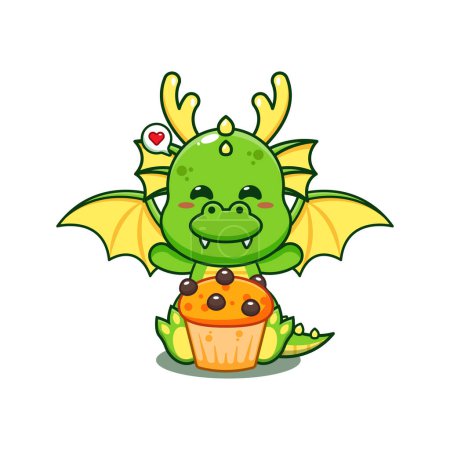 Téléchargez les illustrations : Dragon avec tasse gâteau dessin animé vecteur illustration. - en licence libre de droit