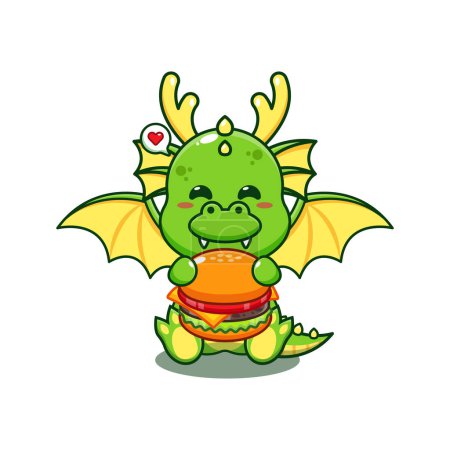 Téléchargez les illustrations : Dragon avec illustration vectorielle de dessin animé burger. - en licence libre de droit