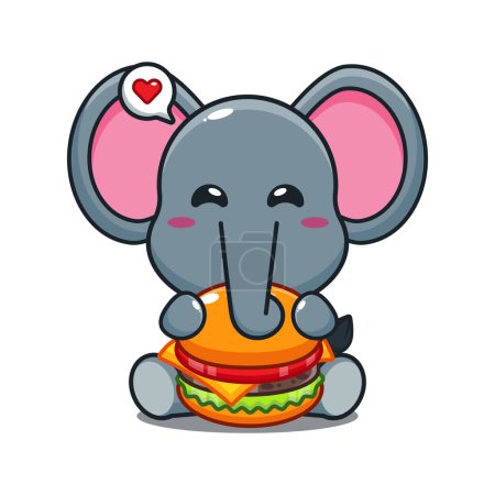 Téléchargez les illustrations : Éléphant mignon avec illustration vectorielle de dessin animé burger. - en licence libre de droit