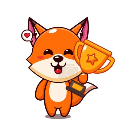 Illustration for Cute fox holding gold trophy cup cartoon vector illustration. - Royalty Free Image