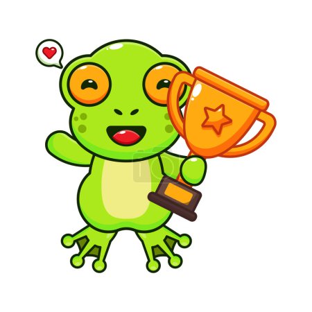Illustration for Cute frog holding gold trophy cup cartoon vector illustration. - Royalty Free Image