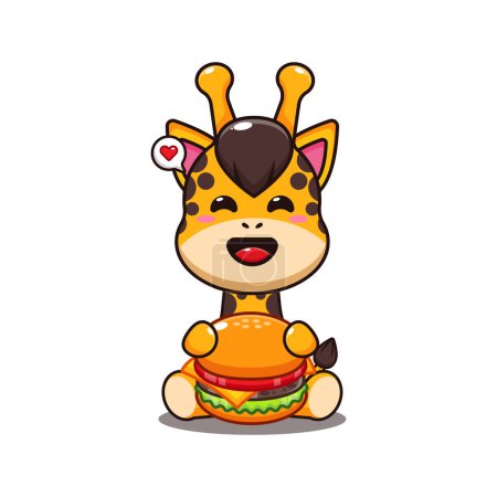 Téléchargez les illustrations : Girafe avec illustration vectorielle de dessin animé burger. - en licence libre de droit