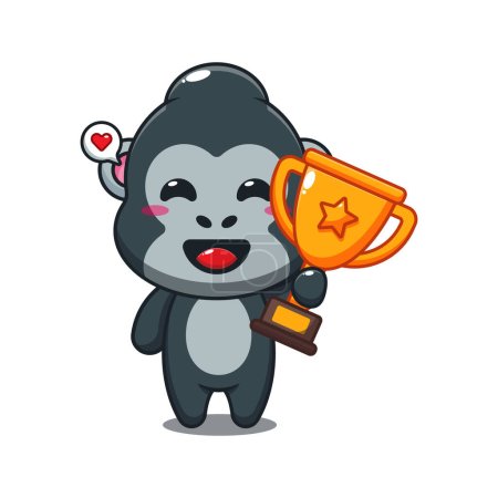 Ilustración de Gorila celebración de oro trofeo taza de dibujos animados vector ilustración. - Imagen libre de derechos