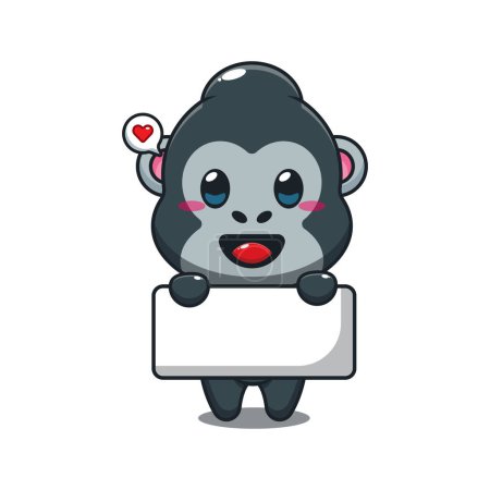 Téléchargez les illustrations : Gorille tenant salutation bannière dessin animé vecteur illustration. - en licence libre de droit