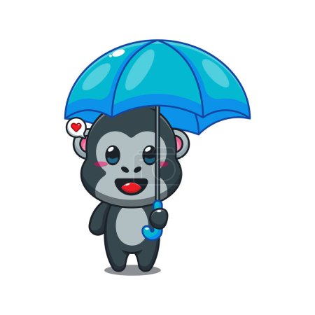 Téléchargez les illustrations : Gorille tenant parapluie dessin animé vecteur illustration. - en licence libre de droit