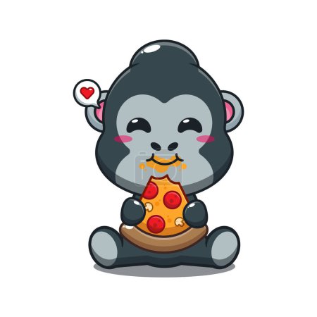 Téléchargez les illustrations : Gorille manger pizza dessin animé vecteur illustration. - en licence libre de droit