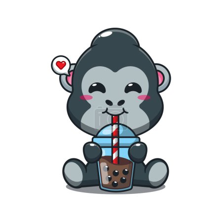 Téléchargez les illustrations : Gorille boisson bulle lait thé dessin animé vecteur illustration. - en licence libre de droit