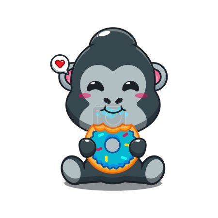 Ilustración de Gorila comer donut dibujos animados vector ilustración. - Imagen libre de derechos