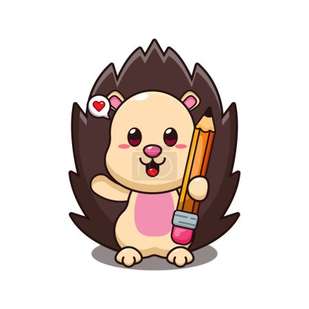 Illustration for Hedgehog holding pencil cartoon vector illustration. - Royalty Free Image