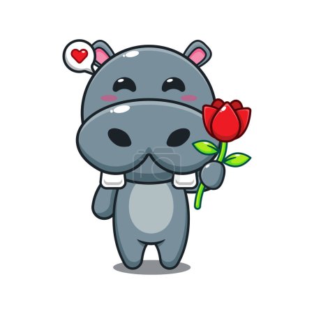 Téléchargez les illustrations : Hippopotame tenant rose fleur dessin animé vecteur illustration. - en licence libre de droit