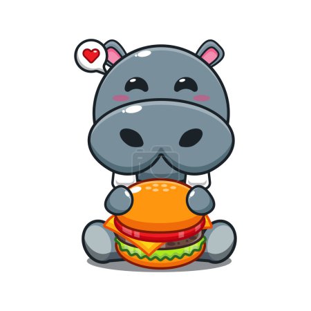 Téléchargez les illustrations : Hippopotame avec illustration vectorielle de dessin animé burger. - en licence libre de droit