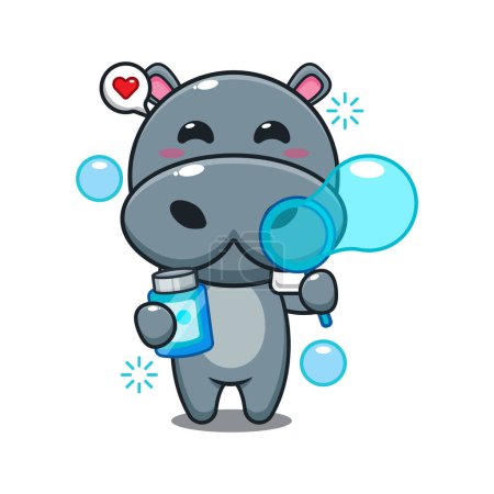 Téléchargez les illustrations : Hippopotame soufflant bulles dessin animé vectoriel illustration. - en licence libre de droit