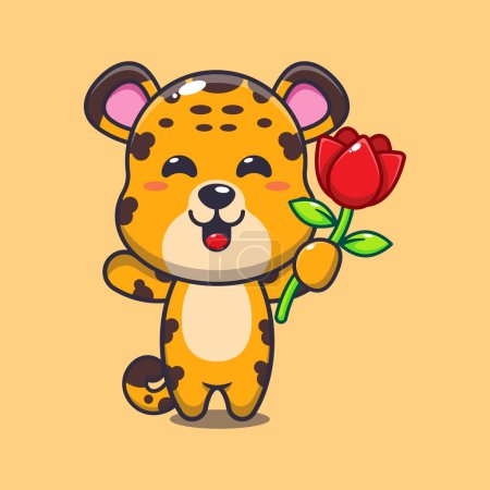 Ilustración de Leopardo sosteniendo flor rosa ilustración vector de dibujos animados. - Imagen libre de derechos