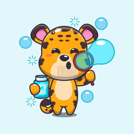 Téléchargez les illustrations : Illustration vectorielle de dessin animé bulles soufflage léopard. - en licence libre de droit