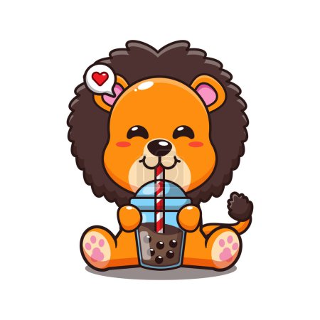 Illustration for Cute lion drink bubble milk tea cartoon vector illustration. - Royalty Free Image
