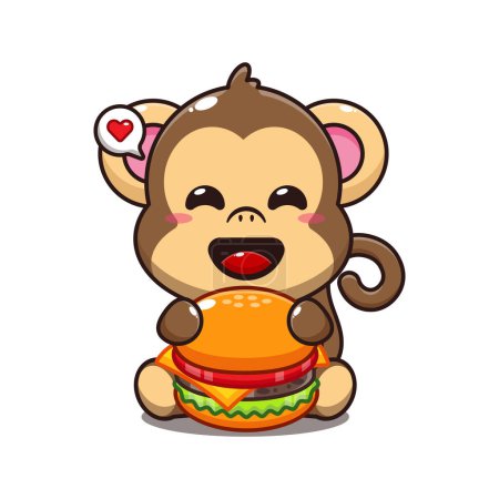 Téléchargez les illustrations : Singe mignon avec illustration vectorielle de dessin animé burger. - en licence libre de droit