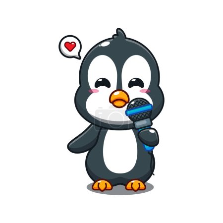 Ilustración de Lindo pingüino celebración de micrófono ilustración vector de dibujos animados. - Imagen libre de derechos
