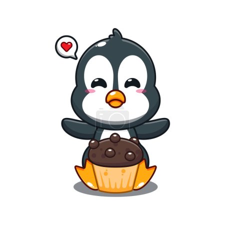 Téléchargez les illustrations : Mignon pingouin avec tasse gâteau dessin animé vecteur illustration. - en licence libre de droit