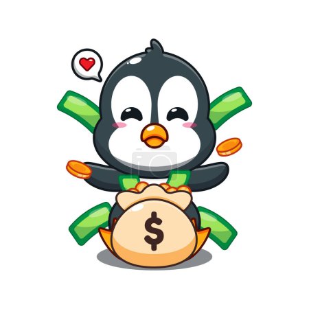 Ilustración de Lindo pingüino con ilustración vector de dibujos animados bolsa de dinero. - Imagen libre de derechos