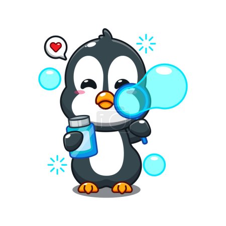Téléchargez les illustrations : Mignon pingouin soufflant bulles dessin animé vectoriel illustration. - en licence libre de droit