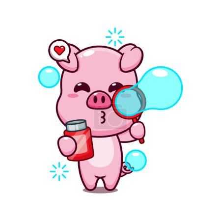 Téléchargez les illustrations : Mignon porc soufflant bulles dessin animé vectoriel illustration. - en licence libre de droit