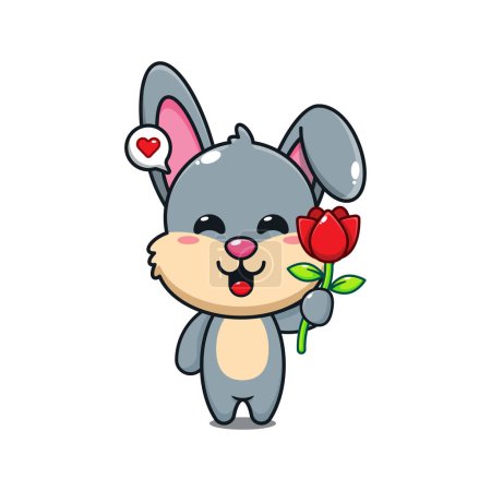 Téléchargez les illustrations : Mignon lapin tenant rose fleur dessin animé vecteur illustration. - en licence libre de droit