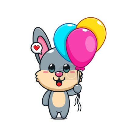 Ilustración de Lindo conejo con globo ilustración vector de dibujos animados. - Imagen libre de derechos