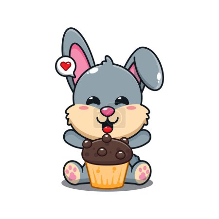 Téléchargez les illustrations : Mignon lapin avec tasse gâteau dessin animé vecteur illustration. - en licence libre de droit