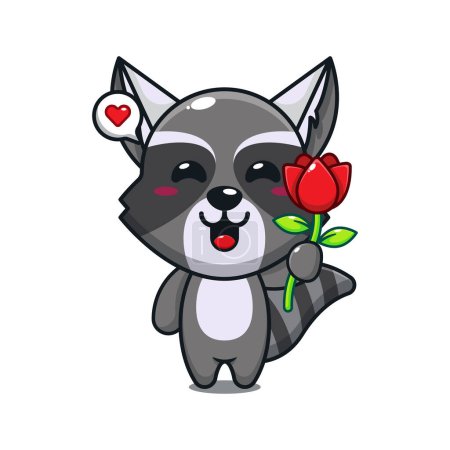 Illustration for Cute raccoon holding rose flower cartoon vector illustration. - Royalty Free Image