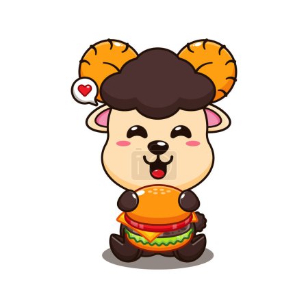 Ilustración de Carnero ovejas con hamburguesa ilustración vector de dibujos animados. - Imagen libre de derechos