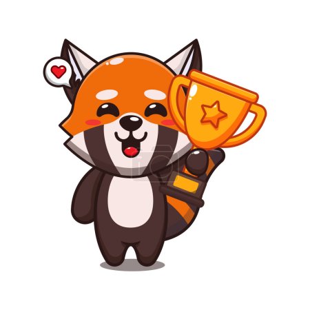 Téléchargez les illustrations : Mignon panda rouge tenant coupe trophée d'or illustration vectorielle de dessin animé. - en licence libre de droit