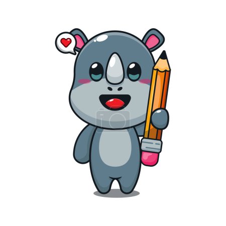 Illustration for Cute rhino holding pencil cartoon vector illustration. - Royalty Free Image
