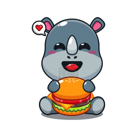 Ilustración de Rinoceronte lindo con hamburguesa ilustración vector de dibujos animados. - Imagen libre de derechos
