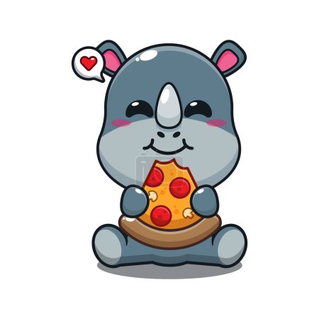 Illustration for Cute rhino eating pizza cartoon vector illustration. - Royalty Free Image